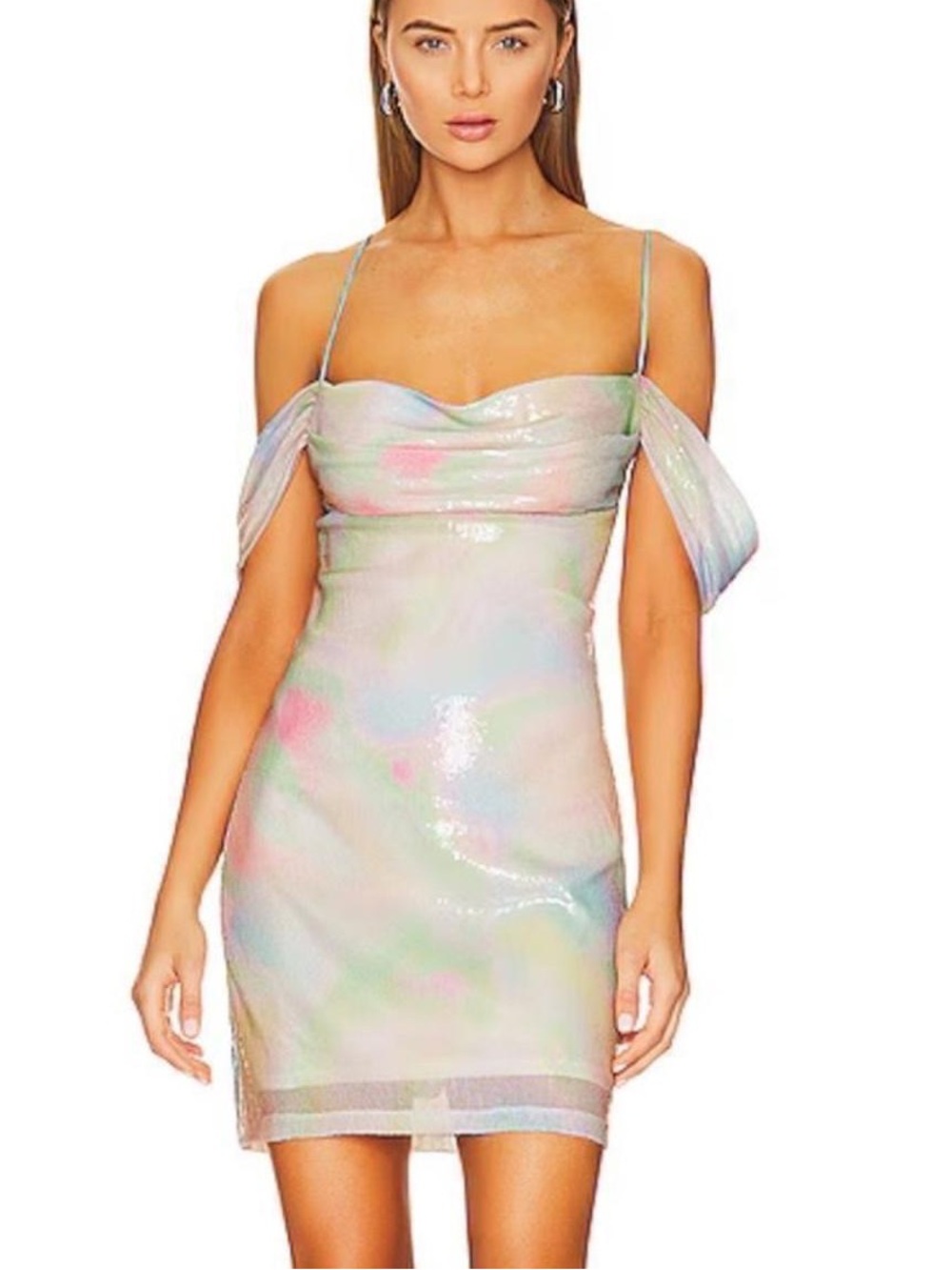 NWT Amanda Uprichard Iridescent Sequin Pastel Off-Shoulder Mini Dress Size XS